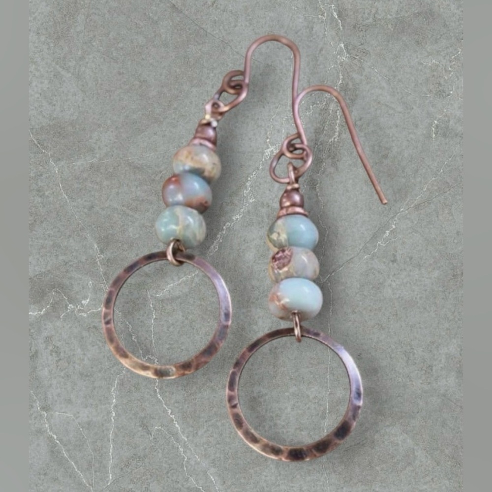 Boho Turquoise Stacked Texture Bronze Hammered Hoop Earrings